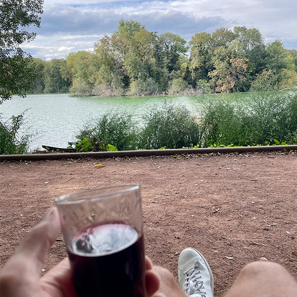 Mann sitzt auf einer Bank. POV: Blick auf den See im Parc de la Tête d'Or mit einem Glas Rotwein in der Hand.